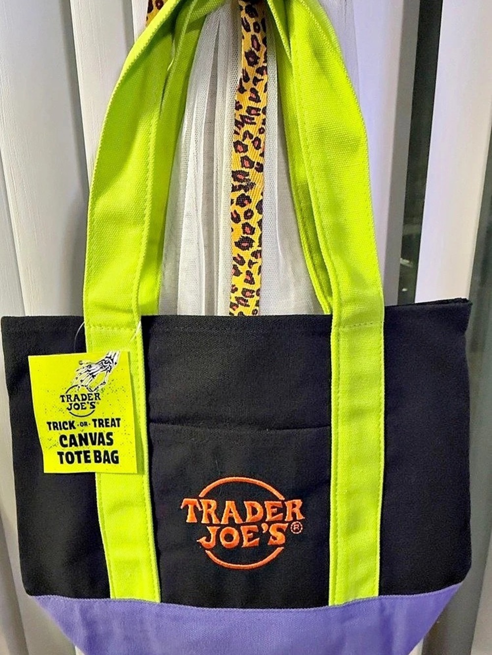 Trader Joe's Trick-or-Treat Mini Canvas Tote Bag Black & Purple